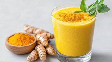 Tumeric and turmeric smoothie with fresh turmeric and turmeric powder photo