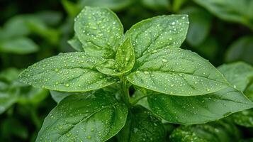 A close up of a basil plant with water droplets photo