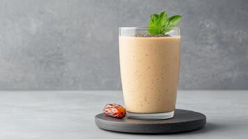 A smoothie with dates and mint on a gray background photo