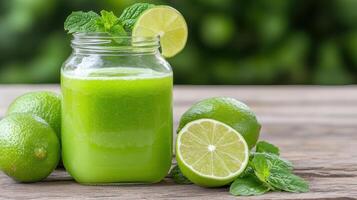 A glass jar with lime and mint leaves on a wooden table photo