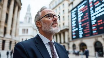 A man in a suit and tie stands in front of a stock market board photo