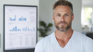 A man with a beard and a white shirt is standing in front of a computer screen photo