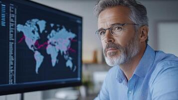 A man in glasses is looking at a computer screen with a world map on it photo