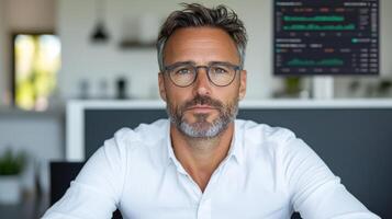 A man in glasses sitting at a desk with a computer screen in the background photo