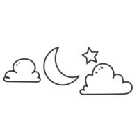 a line drawing of a moon, clouds and stars vector