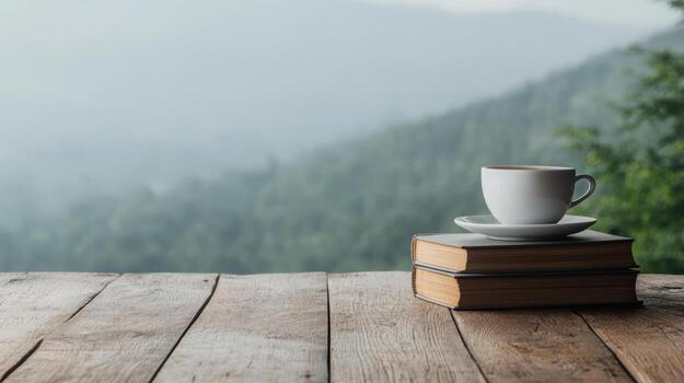 Coffee cup and books on wooden table with mountains in background photo