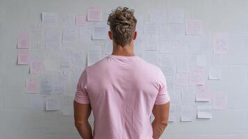 A man in a pink shirt standing in front of a wall of post - it notes photo