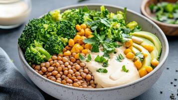 A bowl of vegetables and beans with a dip photo