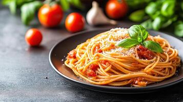 Spaghetti with tomato sauce and basil leaves on a black plate photo