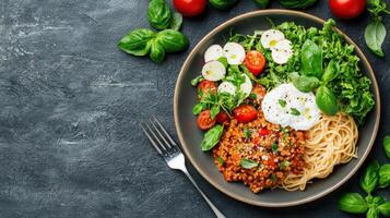 Spaghetti with tomato sauce and vegetables on a black table photo