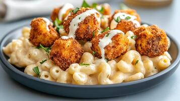 A plate of macaroni and cheese with chicken nuggets photo