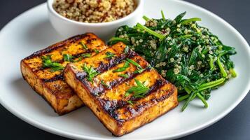 Grilled tofu and greens on a plate photo