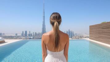 A woman in a white dress standing in front of a pool with the burj khalifa photo
