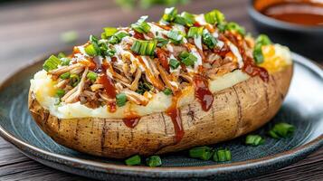 A baked potato with meat and sauce on it photo