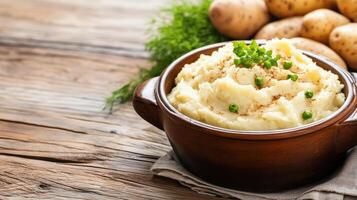 Potatoes and mashed potatoes in a bowl on a wooden table photo