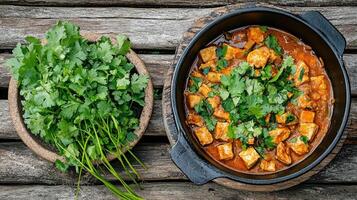 A bowl of curry and a plate of herbs photo