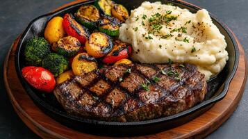 Grilled steak with mashed potatoes and vegetables photo