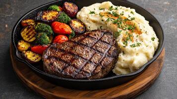 Grilled steak with mashed potatoes and vegetables in a skillet photo