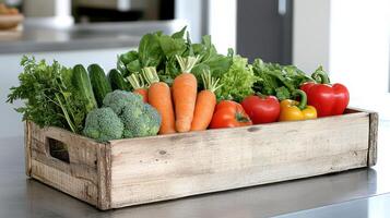A wooden crate filled with vegetables photo