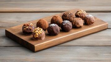 Chocolate truffles on wooden tray photo