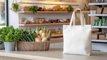 A white tote bag sitting on a counter in a grocery store photo