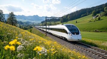 A white train traveling through a lush green field photo