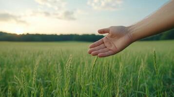 A person's hand reaching out over a field of grass photo