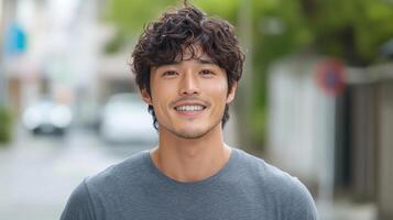 A man with curly hair smiling in the street photo