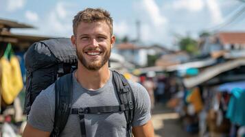 A smiling man with a backpack in a market photo