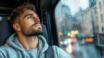 A man is looking out the window of a car while driving in the rain photo