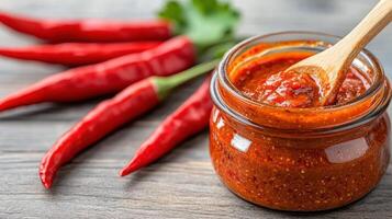 Chili sauce in a jar with chili peppers photo