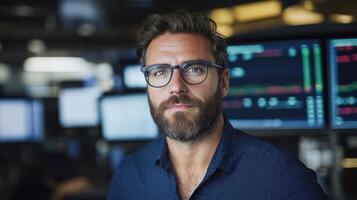 A man with glasses and beard standing in front of a computer screen photo
