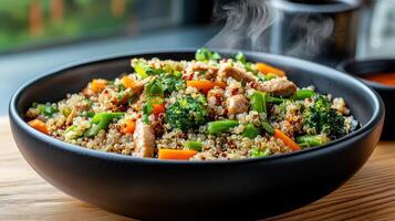 A bowl of food with vegetables and meat in it photo