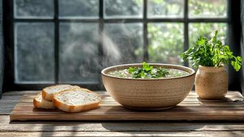 A bowl of soup and bread on a table photo