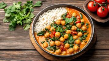 Chickpea curry with rice and vegetables photo