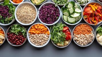 A variety of different types of vegetables are arranged in bowls photo