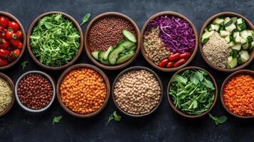 A variety of different colored vegetables in bowls photo