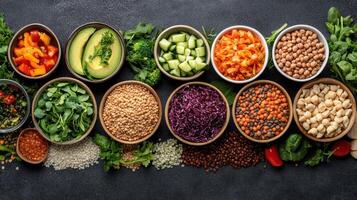 Various types of vegetables and beans in bowls photo