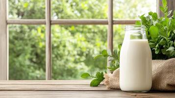 A bottle of milk and a plant on a wooden table photo