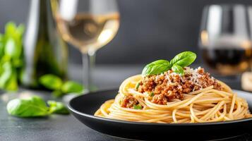 Spaghetti with meat and basil leaves on a black plate photo