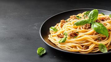 Spaghetti with meat and basil on a black table photo
