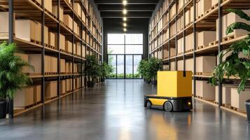 A yellow robot is moving through a warehouse photo