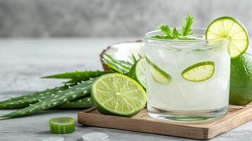 A glass of lemonade with lime slices and aloe vera photo