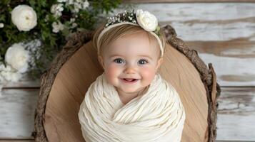 A baby girl in a white wrap on a wooden table photo