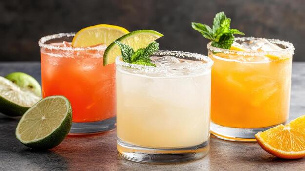 Tres diferente tipos de margaritas con Lima, naranja y menta foto