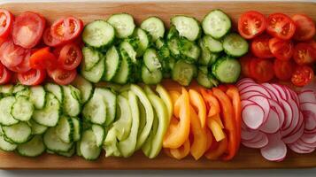 A cutting board with sliced vegetables photo