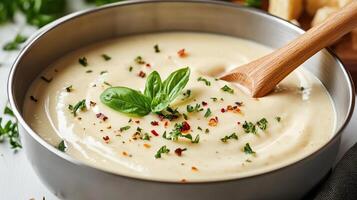 Creamy soup with herbs and bread photo