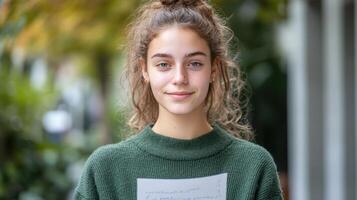 A young girl holding a piece of paper photo