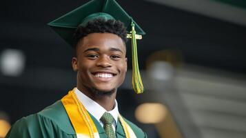 A young man in a green graduation gown and a yellow tie photo