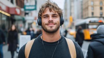 A man with headphones on in the city photo